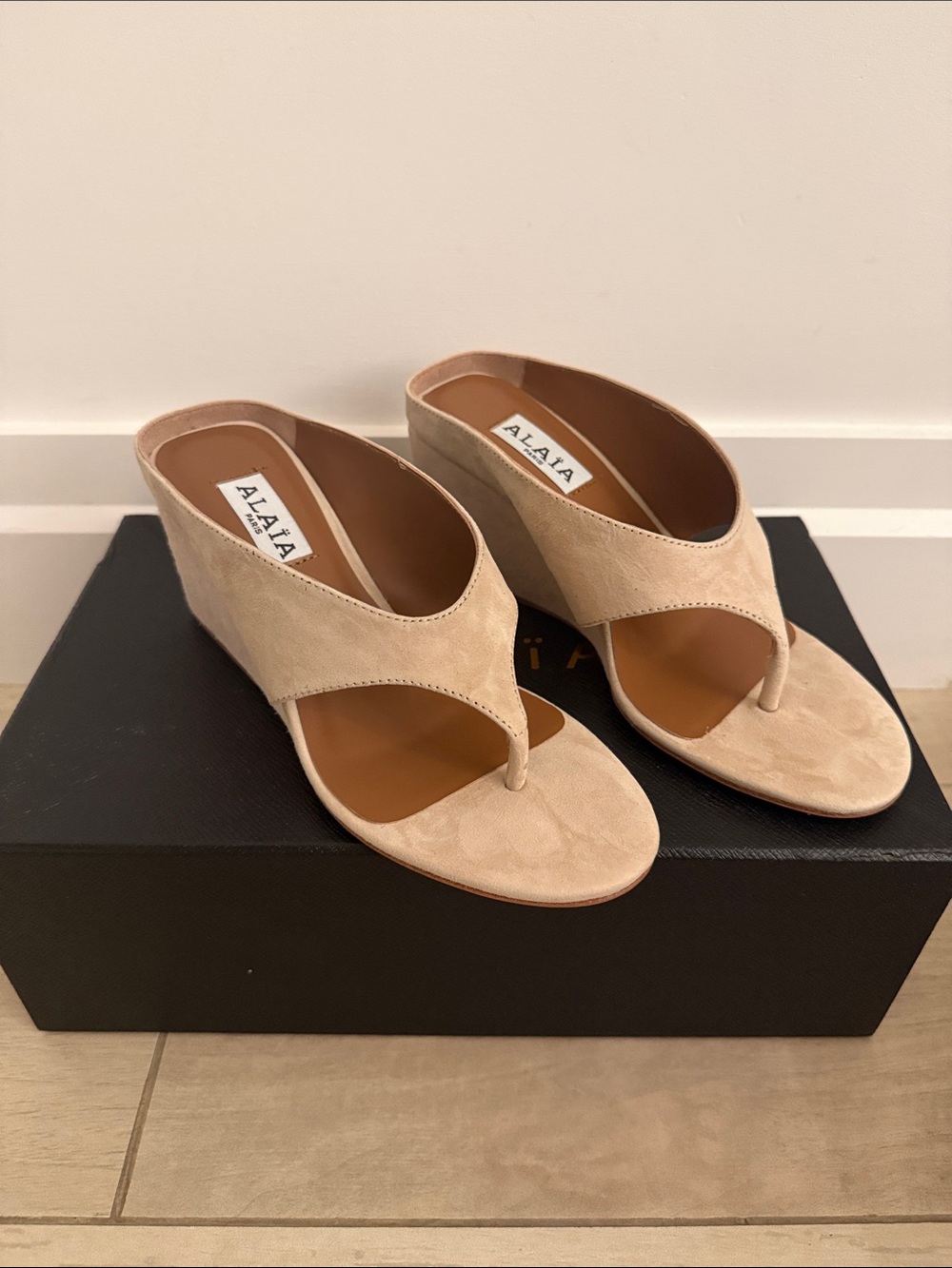 “Alaia” Nude Suede Wedge Thong Sandals